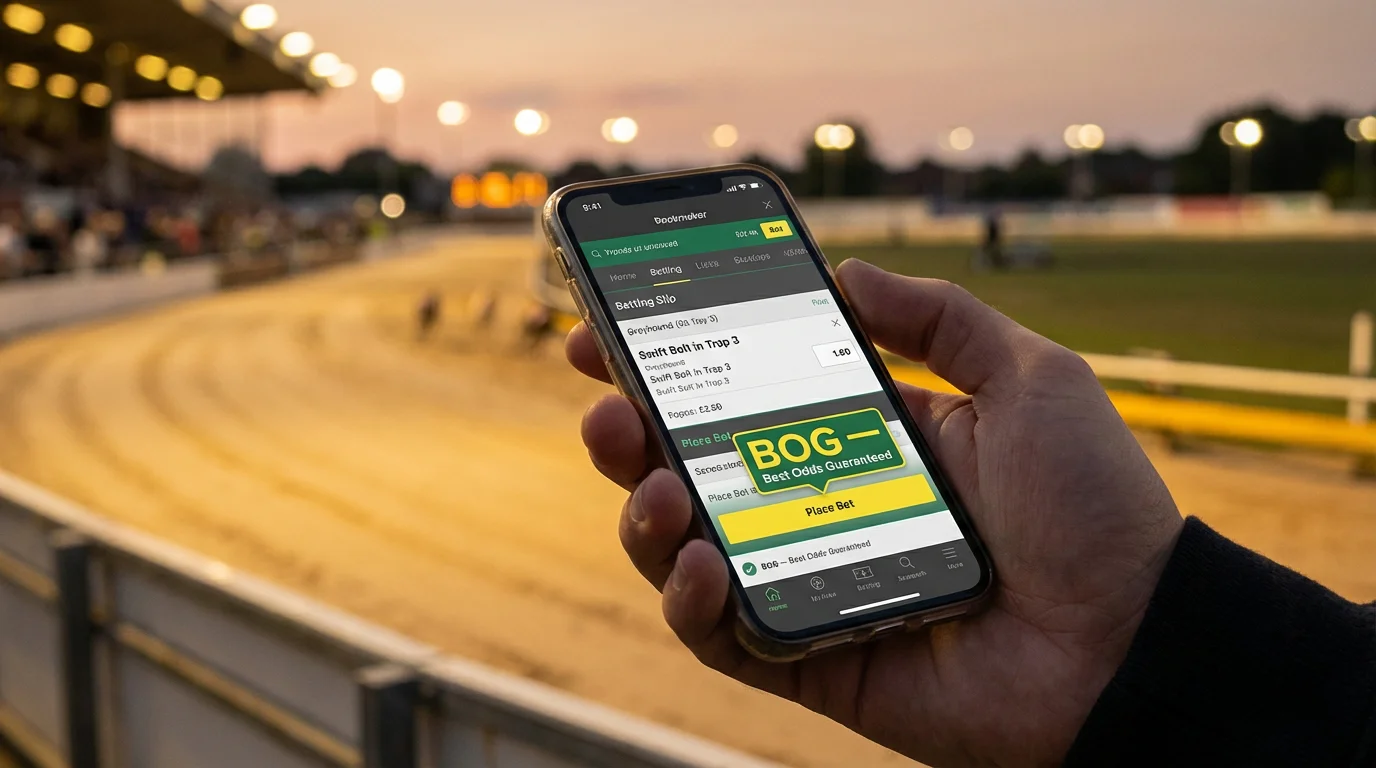Punter checking greyhound odds on a bookmaker app with BOG badge visible
