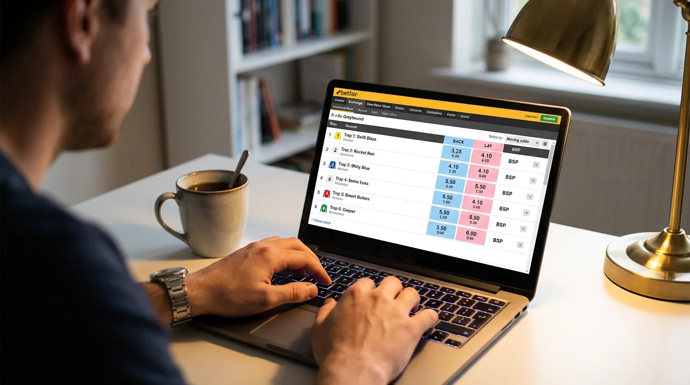 Betfair exchange market screen showing BSP greyhound racing odds