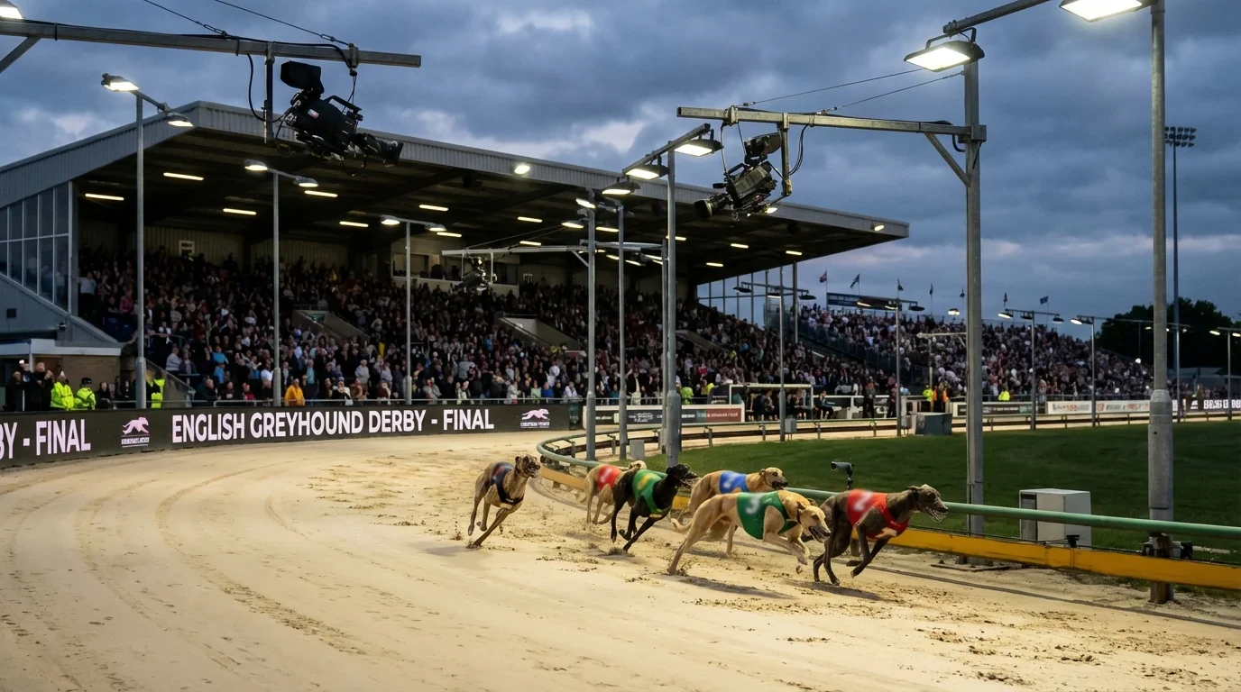 Greyhound Derby race at Towcester with packed grandstand and six dogs on track