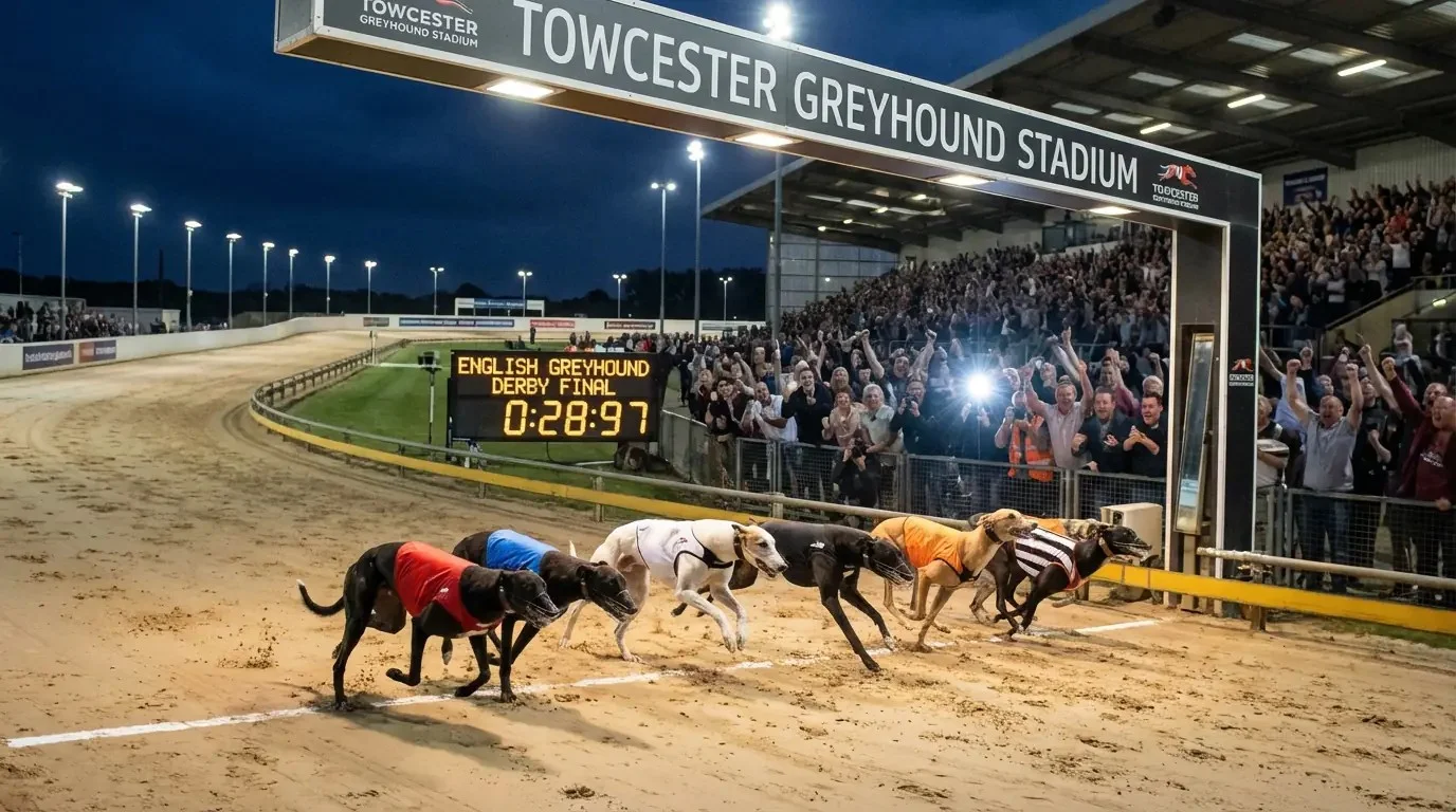 English Greyhound Derby final at Towcester Stadium, six dogs racing