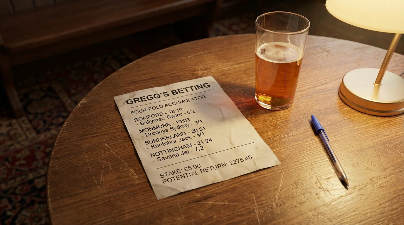 Betting slip showing a four-fold greyhound accumulator with multiple race selections