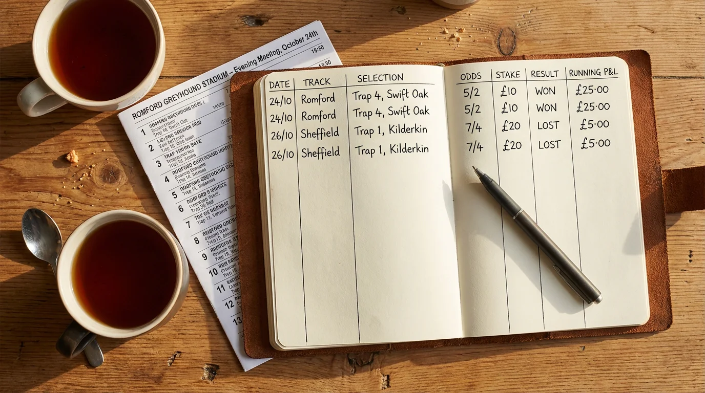 Notebook with greyhound betting strategy notes and P&L tracking beside a racecard