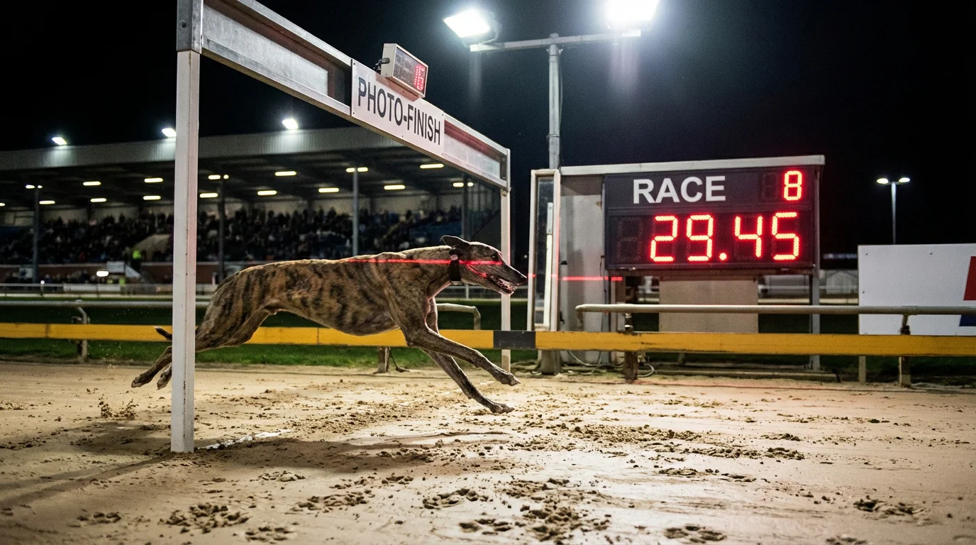 Greyhound crossing the finish line at a UK track with electronic timing display