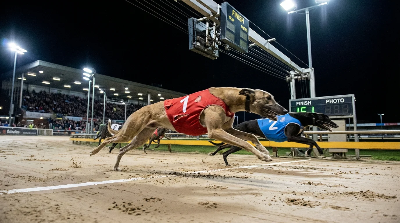 Two greyhounds crossing the finish line first and second at a UK track