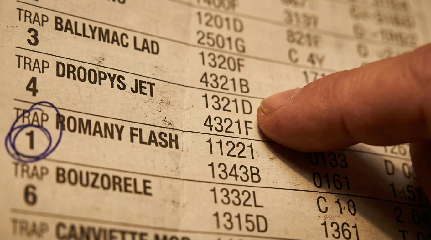 Close-up of greyhound form figures and race codes on a UK racecard
