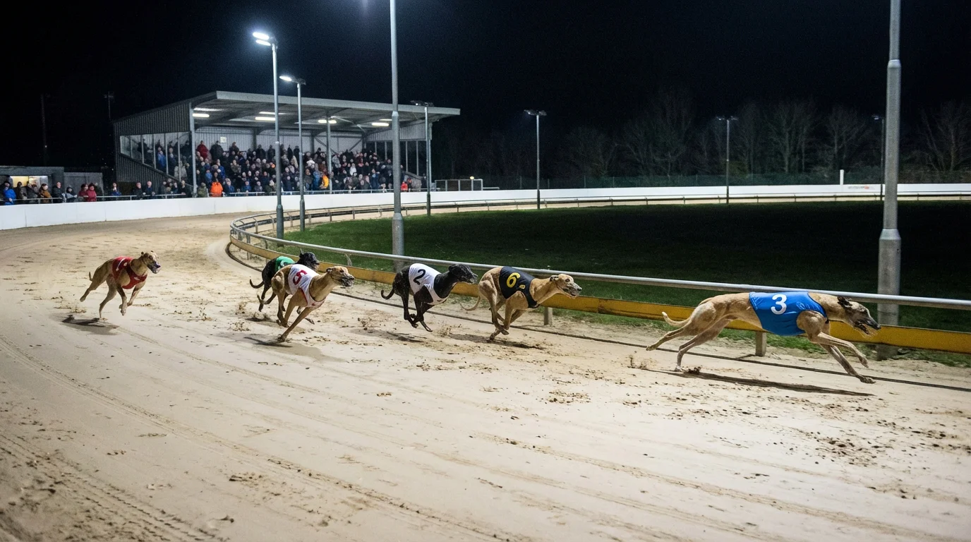 Greyhounds racing in a graded A-grade race at a UK GBGB-licensed track