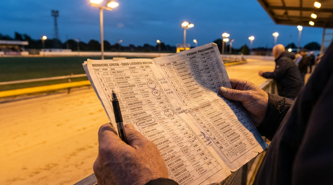 Greyhound racecard showing form figures and times for UK racing