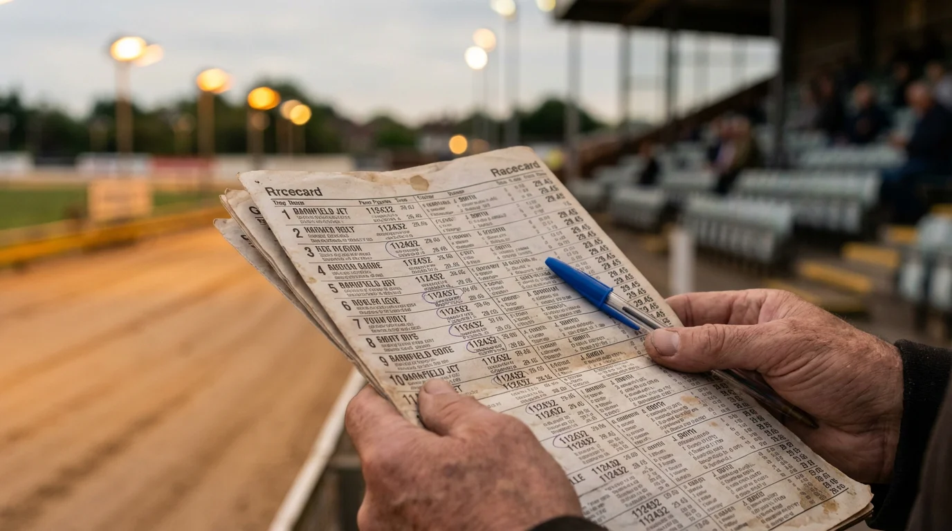 Punter studying a printed greyhound racecard with form figures and trap draw data before placing a bet