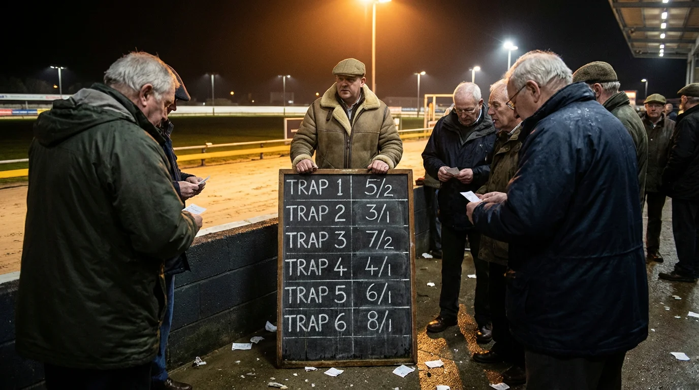 Bookmaker odds board at a UK greyhound racing stadium showing race prices