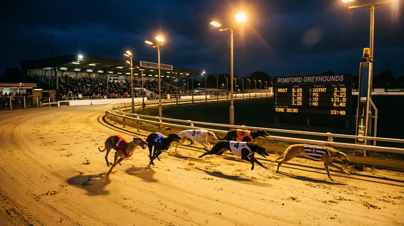 Greyhound racing at Romford Stadium, evening meeting under floodlights
