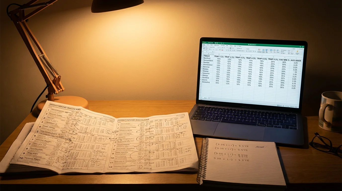 Greyhound racing statistical data displayed on a screen at a UK track