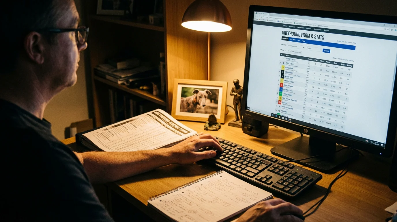 Punter studying greyhound form data and racecard tips before an evening meeting