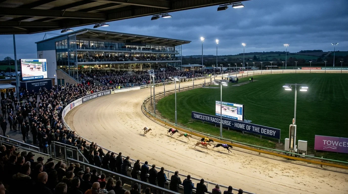 Greyhound racing at Towcester Stadium, home of the English Greyhound Derby