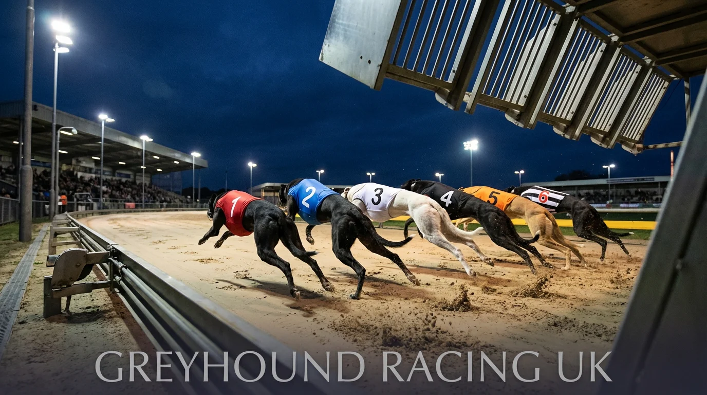 Six greyhounds bursting from the starting traps at a UK racing stadium