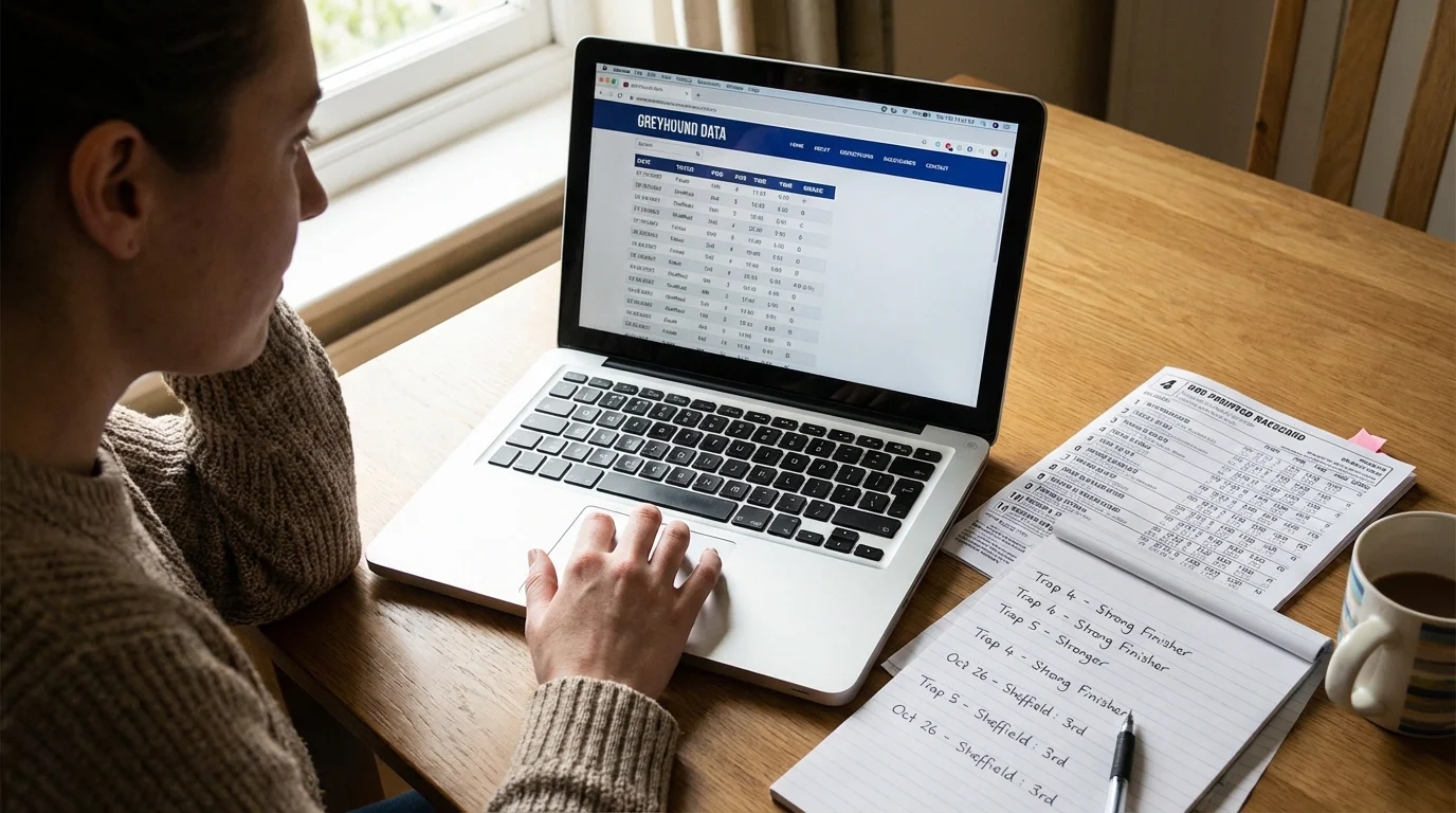 Person researching historical greyhound racing results on a laptop screen