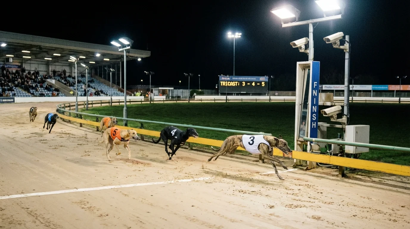 Three greyhounds finishing first, second and third at a UK racing track