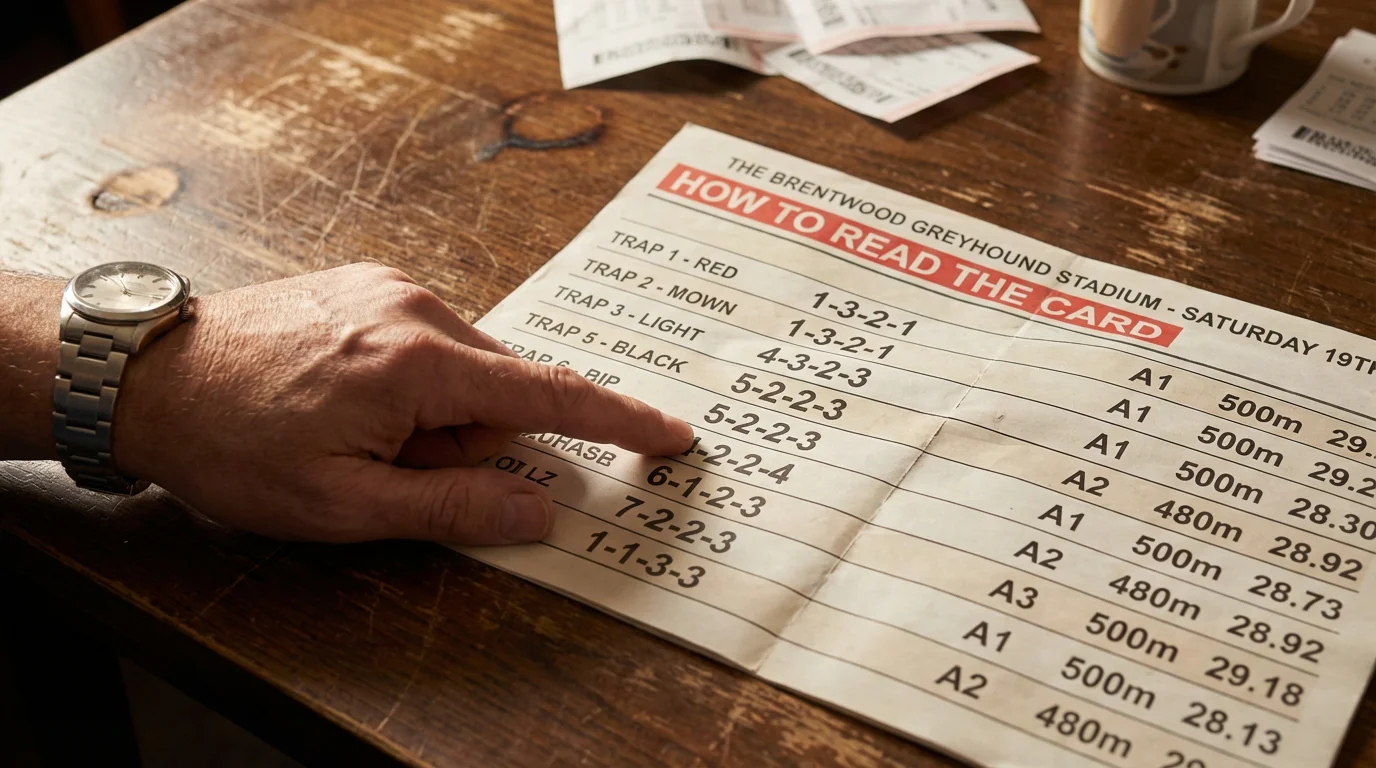 UK greyhound racecard showing trap numbers, form figures, grade and finishing times