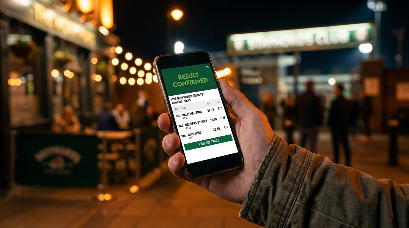 Mobile phone displaying live greyhound racing results at a UK track