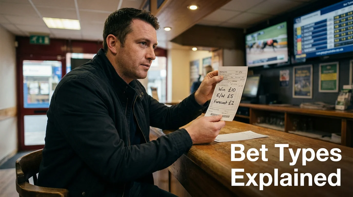 Punter reviewing greyhound bet slip with win, each-way and forecast options at a UK betting shop