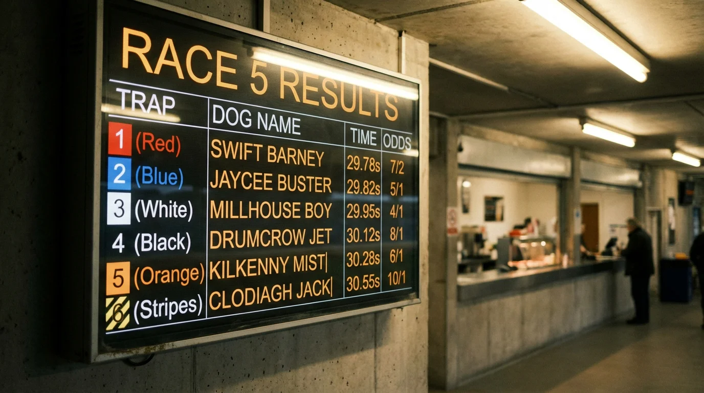 Close-up of a greyhound race results board showing finishing times and SP odds at a British track