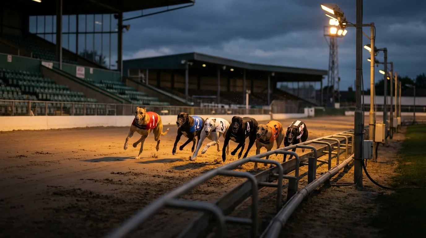 Greyhounds sprinting under floodlights at a UK track during an evening race meeting