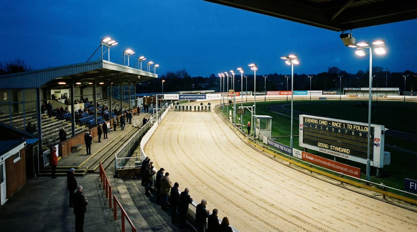 Floodlit UK greyhound stadium ready for an evening race card