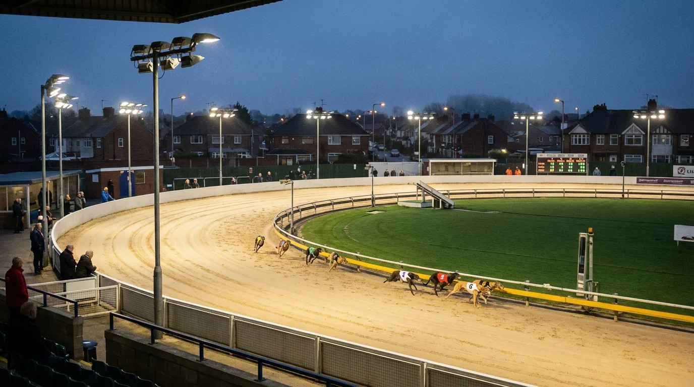 Aerial view of a UK greyhound stadium with floodlit sand track and packed grandstand at night