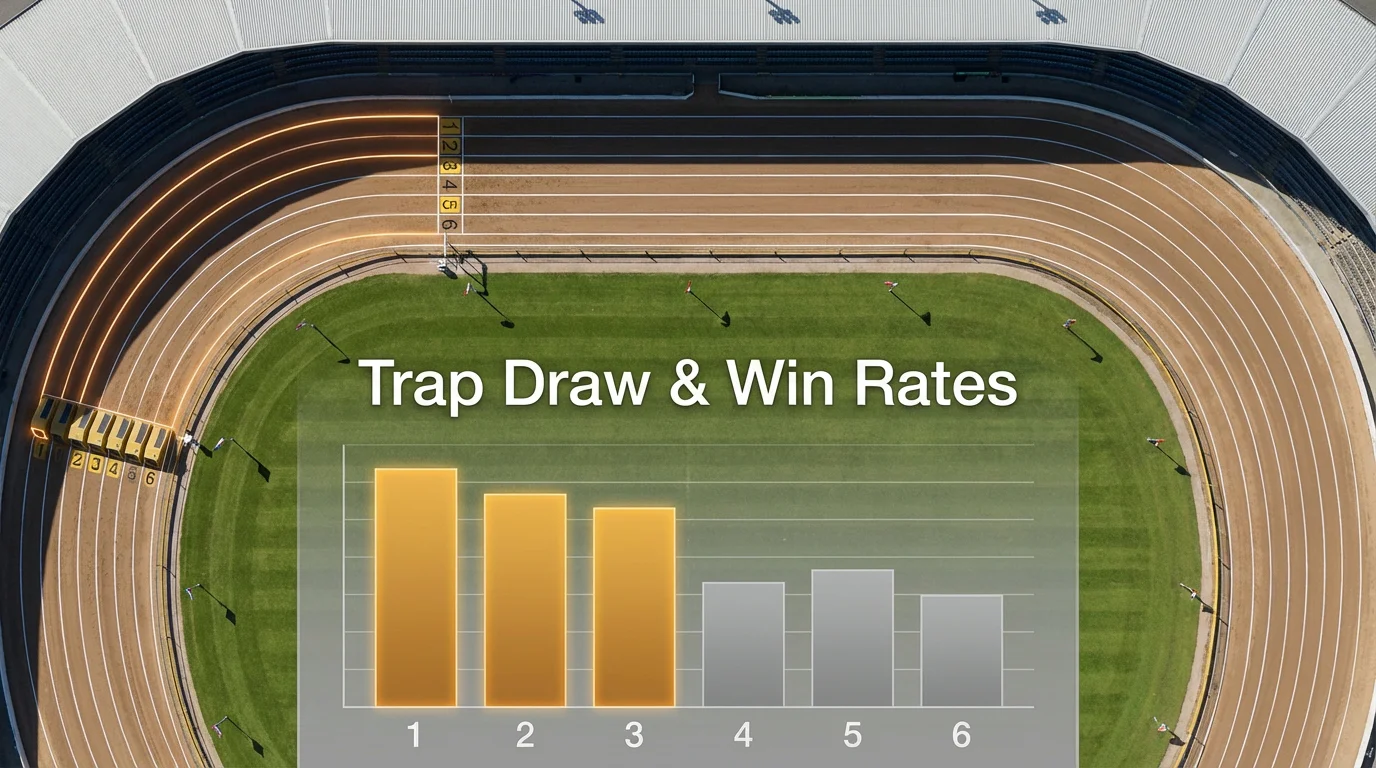 Greyhound racing track diagram showing trap positions and statistical win rate data for UK venues